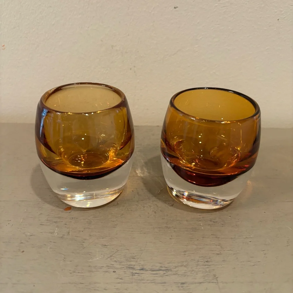 Pair Of Crate&Barrel Amber Topaz Diva Glass Votive Candle Holders